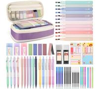 DazSpirit 62 Pezzi Set Cancelleria Estetico con Astuccio Pieghevole, 12 Evidenziatori Pastello, 4 Penne Cancellabili, 5 Penne Gel, 6 Portamine, Forniture Scolastiche per Ragazze e Adolescenti (Viola)