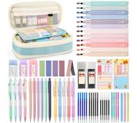 DazSpirit 62 Pezzi Set Cancelleria Estetico con Astuccio Pieghevole, 12 Evidenziatori Pastello, 4 Penne Cancellabili, 5 Penne Gel, 6 Portamine, Forniture Scolastiche per Ragazze e Adolescenti (Blu)