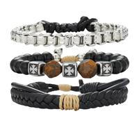 Dazylleco Bracciale Uomo Set Braccialetti in Pelle e Corda Intrecciata e Perline Bracciale Multistrato Regolabile Gioielli Regalo per Festa del Papà(Square Tiger Eye)