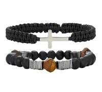 Dazylleco Bracciale Uomo Set Braccialetti in Pelle e Corda Intrecciata e Perline Bracciale Multistrato Regolabile Gioielli Regalo per Festa del Papà(Cross)