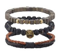 Dazylleco Set di 3 Bracciale da Uomo Bracciale Pietre Naturali Bracciale a Catena Cubano Bracciale in Corda Regolabile Regali di Gioielli Fatti a Mano per Uomo(89-Lion's Head)