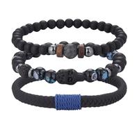 Dazylleco Set di 3 Bracciale da Uomo Bracciale Pietre Naturali Bracciale a Catena Cubano Bracciale in Corda Regolabile Regali di Gioielli Fatti a Mano per Uomo(89-Blue Black)