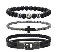 Dazylleco Set di 3 Bracciale da Uomo Bracciale Pietre Naturali Bracciale a Catena Cubano Bracciale in Corda Regolabile Regali di Gioielli Fatti a Mano per Uomo(24029-2)