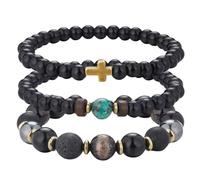 Dazylleco Set di 3 Bracciale da Uomo Bracciale Pietre Naturali Bracciale a Catena Cubano Bracciale in Corda Regolabile Regali di Gioielli Fatti a Mano per Uomo(89-Cross)