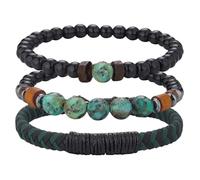 Dazylleco Set di 3 Bracciale da Uomo Bracciale Pietre Naturali Bracciale a Catena Cubano Bracciale in Corda Regolabile Regali di Gioielli Fatti a Mano per Uomo(89-Black Green)