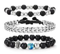 Dazylleco Set di 3 Bracciale da Uomo Bracciale Pietre Naturali Bracciale a Catena Cubano Bracciale in Corda Regolabile Regali di Gioielli Fatti a Mano per Uomo(24010)