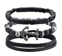 Dazylleco Set di 3 Bracciale da Uomo Bracciale Pietre Naturali Bracciale a Catena Cubano Bracciale in Corda Regolabile Regali di Gioielli Fatti a Mano per Uomo(89-Black Anchors)