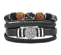 Dazylleco Set di Bracciale Uomo Pelle Nero Bracciale Perline Multistrato con Chiusura Magnetica Gioielli Uomo Regalo Festa Del Papà(Bussola)
