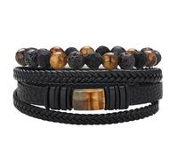 Dazylleco Set di Bracciale Uomo Pelle Nero Bracciale Perline Multistrato con Chiusura Magnetica Gioielli Uomo Regalo Festa Del Papà(Pietra di Tigre)