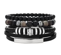 Dazylleco Set di Bracciale Uomo Pelle Nero Bracciale Perline Multistrato con Chiusura Magnetica Gioielli Uomo Regalo Festa Del Papà(Tubo lungo)
