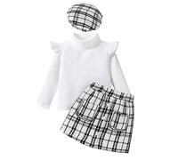 Dazzerake Set da bambina con 3 pezzi a collo alto, maglione a maniche lunghe + gonna + cappello per ragazza 4-7 anni, bianco, 6 anni