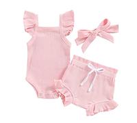 Dazzerake Set di 3 pezzi per neonata estiva da donna, stile chic, confortevole per neonata, 0-18 mesi, pagliaccetto + pantaloncini + fascia, Rosa, 0-3 Mesi