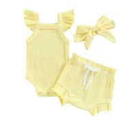 Dazzerake Set di 3 pezzi per neonata estiva da donna, stile chic, confortevole per neonata, 0-18 mesi, pagliaccetto + pantaloncini + fascia, giallo, 0-3 Mesi