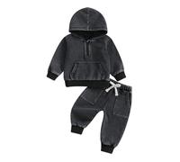 Dazzerake Set per neonato, 2 pezzi, set da bambino in jeans, tinta unita, completo per bambino, unisex, felpa con cappuccio + pantaloni 3 mesi - 3 anni, Nero , 3-6 mesi