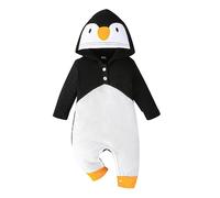 Dazzerake Tuta con stampa pinguino per neonato, con cappuccio, a maniche lunghe, con bottoni, autunno primavera, Nero , 0-3 mesi