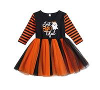 Dazzerake Vestito per Bambina Halloween Lettera Zucca Fantasma Stampa O-Collo Manica Lunga Tutu di Tulle Vestito di un Pezzo Gonna per Estate Autunno (Arancione, 4-5 anni)