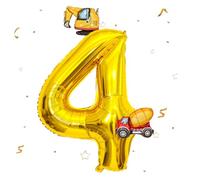 DazzJoy Palloncino per escavatore, 4° compleanno, 40 pollici, oro con numeri 4 con palloncino in pellicola, escavatore, compleanno, decorazione per 4 anni, per ragazzi e escavatori con numeri 4