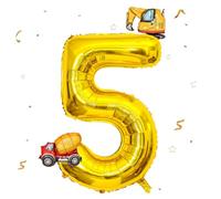 DazzJoy Palloncino per escavatore, 5° compleanno, oro da 40 pollici, 5 palloncini con escavatore, 5 anni, decorazione per compleanno, 5 anni, escavatore, numeri, 5 palloncini, per cantieri, feste di