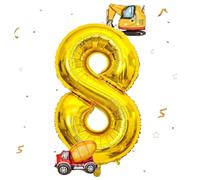 DazzJoy Palloncino per escavatore, 8° compleanno, oro 40 pollici, 8 palloncini in pellicola, con escavatore, decorazione per compleanno, 8 anni, per bambini, decorazione per escavatore, 8 palloncini