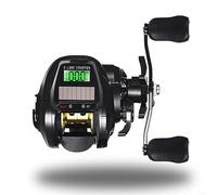 DAZZLEEX Mulinello da pesca con contatore di linea, allarme morso, bobina in alluminio - ricaricabile tramite USB solare, nero, mano destra