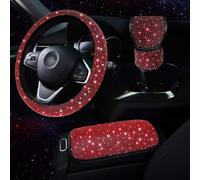 DAZZLEEX Set di coprivolante con pomello del cambio e bracciolo, per interni auto, in pelle scamosciata, design con strass, 38 cm, colore rosso