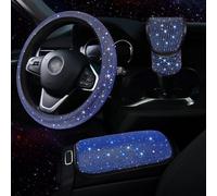 DAZZLEEX Set di coprivolante con pomello del cambio e bracciolo, per interni auto, in pelle scamosciata, design con strass, 38 cm, colore blu