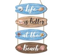 Dazzlewall 4 Decorazioni da Parete per Bagno con Spiaggia, Targhe in Legno Blu con Tavola da Surf, Targhe con Citazioni Motivazionali, Ornamenti per Camera da Letto e Soggiorno, 29x10 cm