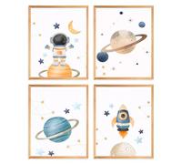 Dazzlewall 4 Pezzi di Poster d'Arte Murale a Tema Spazio, Immagini di Astronauta, Razzo e Pianeta per Camera di Bambini Maschi, 8x10 pollici Senza Cornice