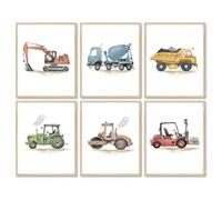 Dazzlewall 6 PCS Costruzione Auto Veicolo Parete Arte Poster Trattore Escavatore Gru Stampe, Camion Edile Immagine per Toddler Ragazzo Camera Decoro 8x10 in Senza Cornice