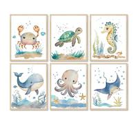 Dazzlewall 6 PCS Oceano Animali Murali Stampe Acquerello Animali Murali Poster per la Cameretta Bambini Baby Room Decor 8x10 in Senza Cornice