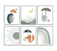 Dazzlewall 6pcs Boho salvia verde vivaio parete stampe d'arte, simpatico coniglietto arcobaleno immagini per bambini bambini camera da letto arredamento 20×25 cm senza cornice