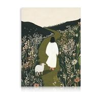 Dazzlewall Arte Religiosa Cristiana Verde, Stampa d'Arte Gesù e Agnello che Camminano in un Campo Quadro Religioso su Tela per Chiesa Camera da Letto Stanza della Preghiera, 30x40 cm Senza Cornice