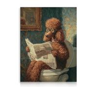 Dazzlewall Decorazione Murale Bagno Cane Vintage Divertente, Poster con Poodle con Occhiali Stile Retro che Legge il Giornale sul Toilette 30×40 cm Senza Cornice