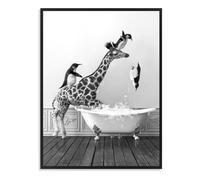 Dazzlewall divertente bagno parete arte giraffa e pinguini salto in vasca da bagno stampa, immagine animale in bianco e nero per bagno toilette arredamento 30×40 cm senza cornice