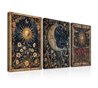 Dazzlewall Incorniciato Set di 3 Pezzi Quadro Boho Gotico Vintage, Poster con Carte Tarocche di Sole e Luna Fiorali Occultismo Misterioso per Camera da Letto Soggiorno 30×40 cm