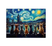 Dazzlewall Quadro Notte Stellata con Gatti, Poster Artistico Vintage con Pittura ad Olio di Gatto per Camera da Letto Soggiorno 30×40 cm Senza Cornice