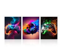 Dazzlewall Set 3 Pezzi Arte Murale Fumo Colorato per Gaming, Poster Vivaci di Controller e Cuffie per Sala Giochi o Camera da Letto, 12x16 Pollici senza Cornice