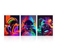 Dazzlewall Set 3 Pezzi Arte Murale Neon per Gamer, Poster Vivaci di Cuffie, Giocatore e Controller per Sala Giochi o Camera da Letto, 12x16 Pollici senza Cornice