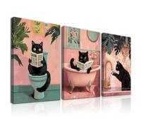 Dazzlewall Set di 3 Pezzi Incorniciati Decorazione Murale Bagno Rosa Coquette, Gatto Nero Retro che Legge nella Vasca Rosa per Toilette Bagno 30×40 cm