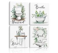 Dazzlewall Set di 4 Pezzi Decorazione Murale Bagno Verdure Minimalista, Poster con Scritte Rilassati, Immergiti, Sconnetti, Respira e Eucalipto per Bagno Toilette 20×25 cm Senza Cornice