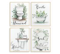Dazzlewall Set di 4 Pezzi Decorazione Murale Bagno Verdure Minimalista, Poster con Scritte Rilassati, Immergiti, Sconnetti, Respira e Eucalipto per Bagno Toilette 20×25 cm Senza Cornice