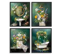 Dazzlewall Set di 4 Pezzi Quadro Bagno Botanico, Poster con Vasca Lavandino Docc