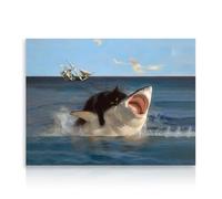 Dazzlewall Stampa artistica da parete divertente con gatto e squalo, eccentrico gatto nero che morde squalo, immagine per camera da letto e bagno, 30,5 x 40,6 cm, senza cornice