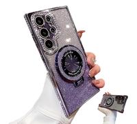 Dazzling Folding Bracket That Sparkles Case Cover for Samsung S Series Rhinestone magnetic bracket, high-grade electroplating, all-inclusive anti-fall mobile phone case (for S24 Plus,Purple)