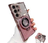 Dazzling Folding Bracket That Sparkles Case Cover for Samsung S Series Rhinestone magnetic bracket, high-grade electroplating, all-inclusive anti-fall mobile phone case (for S25 Plus,Pink)