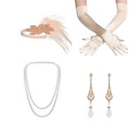 DAZZLUXE 1 abito color champagne, fascia, orecchini, collana, guanti, accessori da donna degli anni '20, il grande Gatsby, abbigliamento da donna degli anni '20, champagne, 45