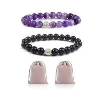 DAZZLUXE 2 bracciali di cristallo, 2 sacchetti portaoggetti, braccialetti in ametista, gioielli con ametista, braccialetti con pietre preziose, pietre naturali di ametista, bracciali per gatti con