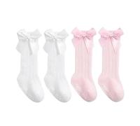 DAZZLUXE 2 paia di calze al ginocchio per bambini, con fiocco, antiscivolo, morbide calze a volant, calzini in cotone traspirante (bianco, rosa), Bianco, rosa, 18 Mesi