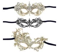 DAZZLUXE Set di 3 maschere in pizzo per maschera, carnevale, oro, per occhi