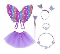 Dazzroi 6 Pièces Ensemble De Déguisements Pour Enfants, Kit De Déguisement Ailes de Papillon, Bandeau, Collier, Bracelet, Baguette Magique, Jupe Tutu, Pour Carnaval Halloween Accessori Cosplay